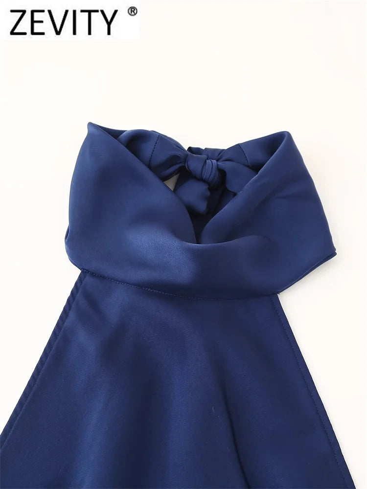 Zevity Women Sexy Sleeveless Solid Color Soft Satin Halter Long Dress Female Chic Backless Zipper Brand Party Vestidos DS7208