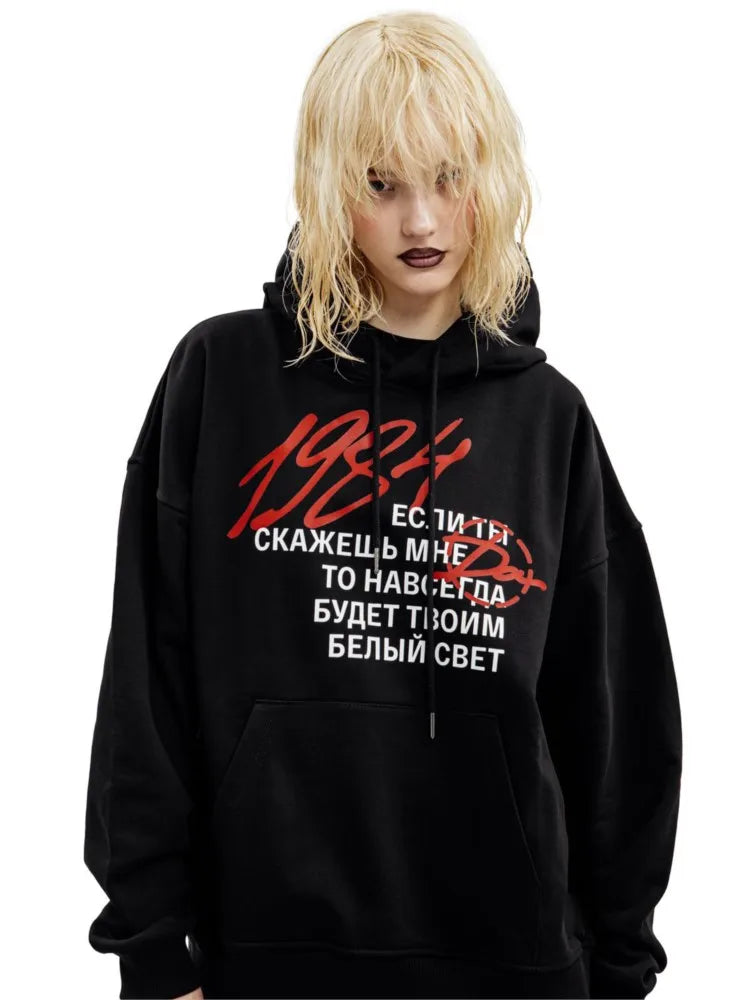 Harajuku Streetwear Pullovers Men's Hoodies 1984 Graphic Letter Print Hooded Loose Sweatshirts Hip Hop Aesthetic Tops Gothic Y2k