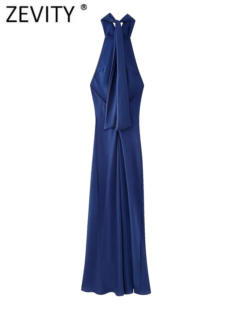 Zevity Women Sexy Sleeveless Solid Color Soft Satin Halter Long Dress Female Chic Backless Zipper Brand Party Vestidos DS7208