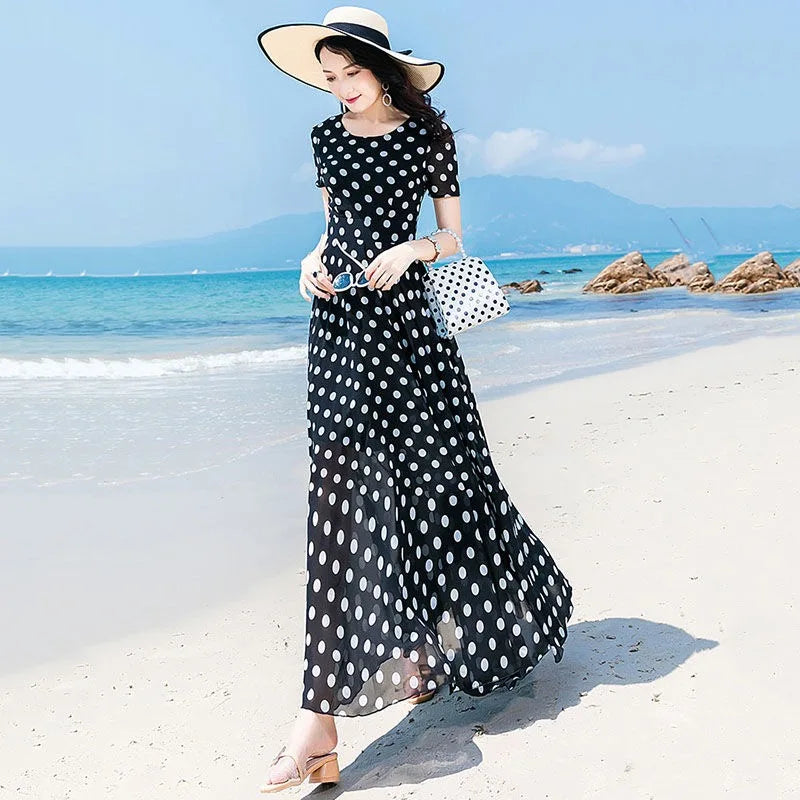 M-4XL Summer Polka Dot Chiffon Beach Long Dress Women Short Sleeves Slim Fashion Ladies Large swing Dance Party Dress Maxi