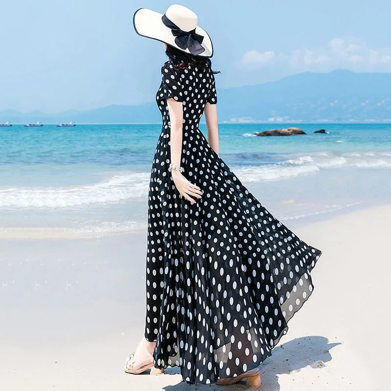 M-4XL Summer Polka Dot Chiffon Beach Long Dress Women Short Sleeves Slim Fashion Ladies Large swing Dance Party Dress Maxi