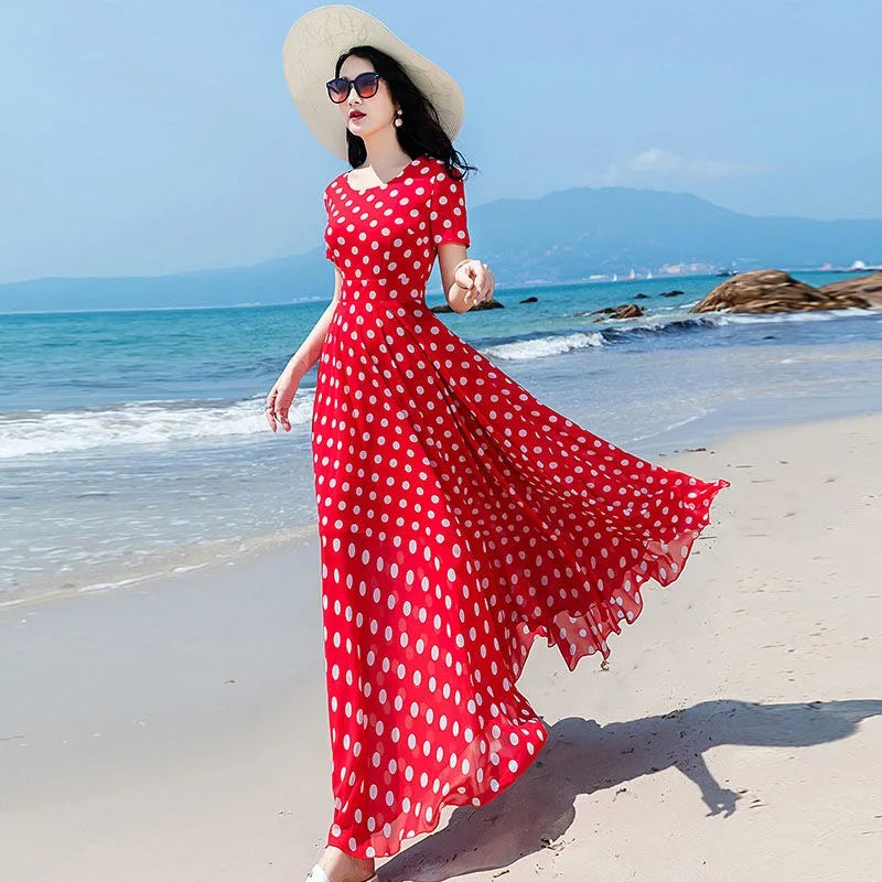 M-4XL Summer Polka Dot Chiffon Beach Long Dress Women Short Sleeves Slim Fashion Ladies Large swing Dance Party Dress Maxi