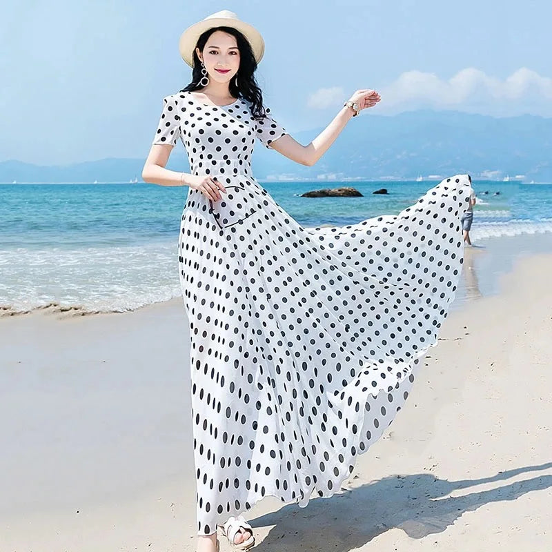 M-4XL Summer Polka Dot Chiffon Beach Long Dress Women Short Sleeves Slim Fashion Ladies Large swing Dance Party Dress Maxi