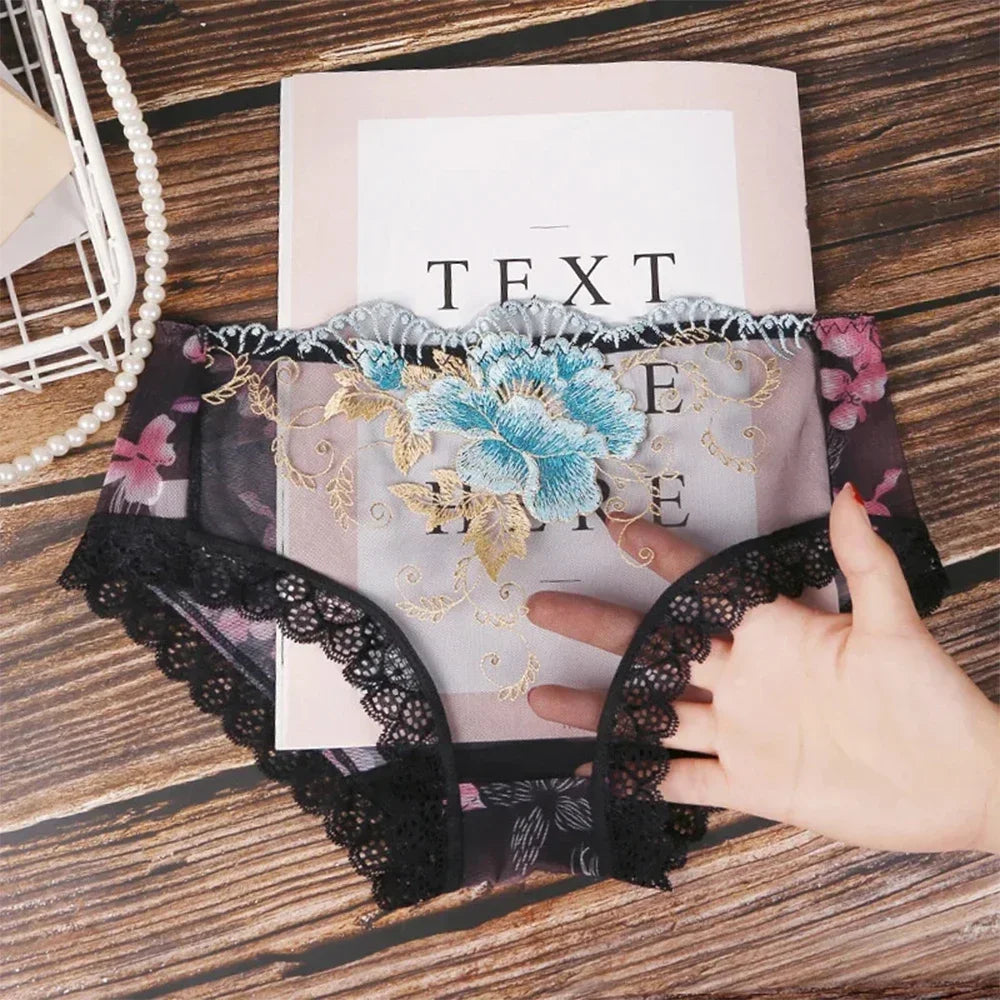 Superior Embroidery Flowers Underwear Women Lace Transparent Briefs Fashion Intimates Sexy Lingerie Panties Ladies Underpants