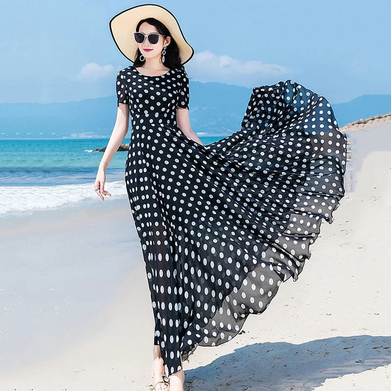 M-4XL Summer Polka Dot Chiffon Beach Long Dress Women Short Sleeves Slim Fashion Ladies Large swing Dance Party Dress Maxi